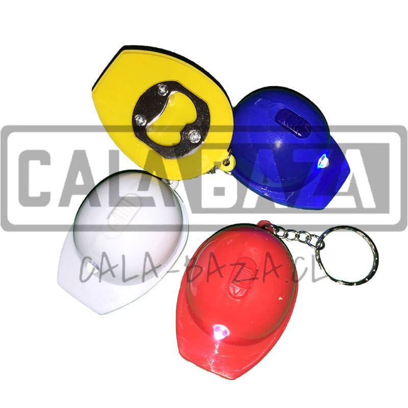 Llavero casco, con linterna y destapador